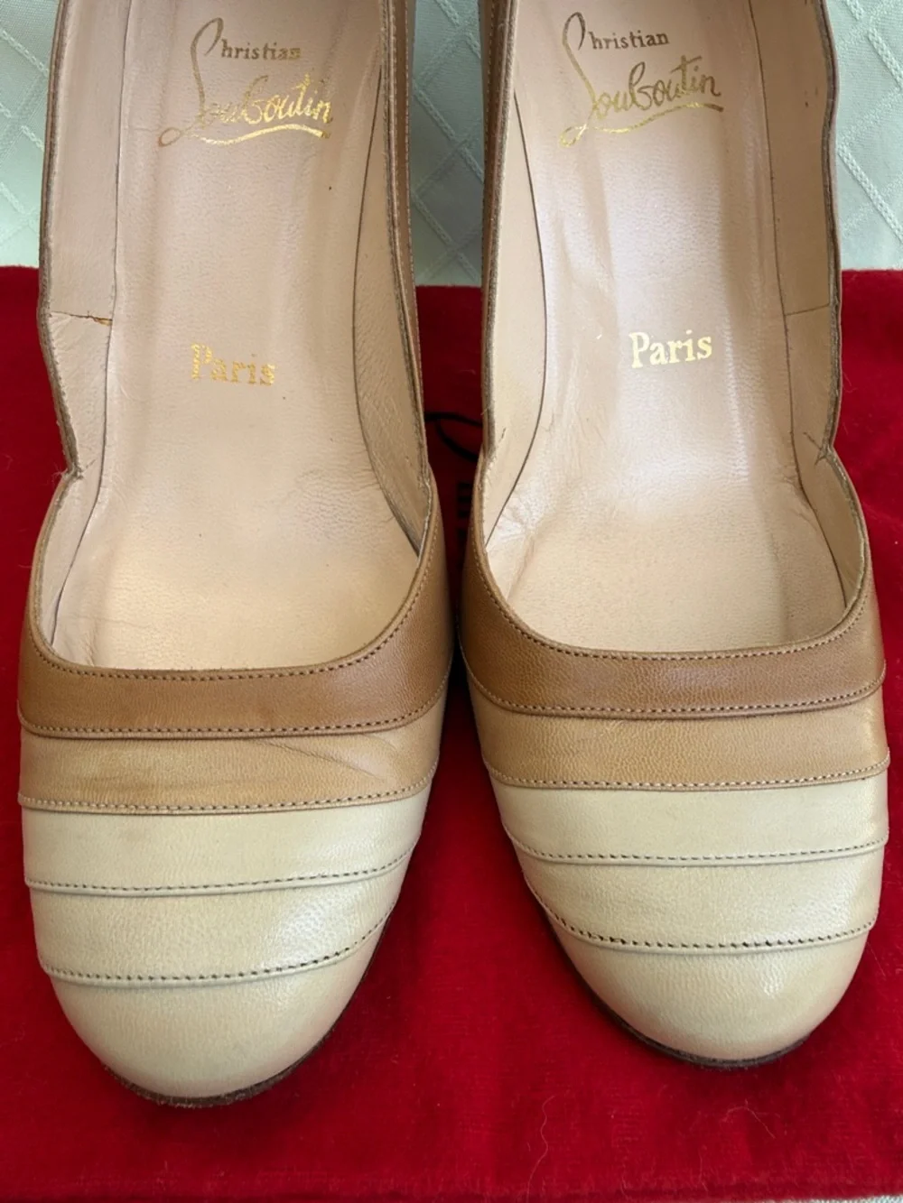 Vintage Christian Louboutin Two-Tone Tan and Cream Leather Pumps with Dust Bag